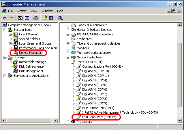 Select Device Manager then expand the Ports menu. The virtual serial port will be named USB Serial Port (COMxx), xx being the COM number assigned to the port.